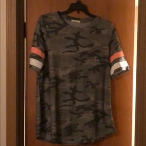 Camo tee with neon stripe on sleeve